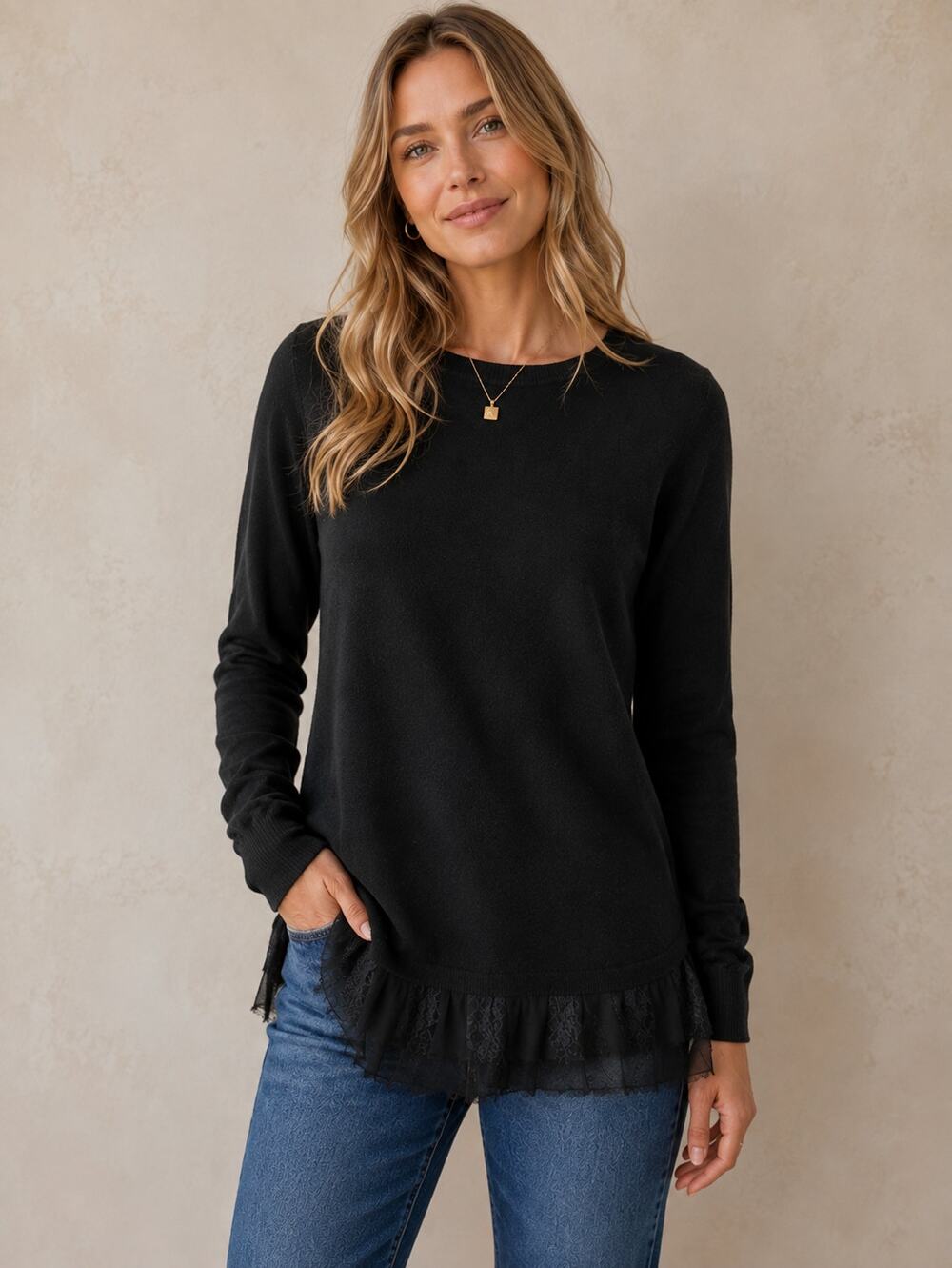 Garnet Hill SZ S Shirttail Cashmere Sweater Silk Lace Hem Trim Black